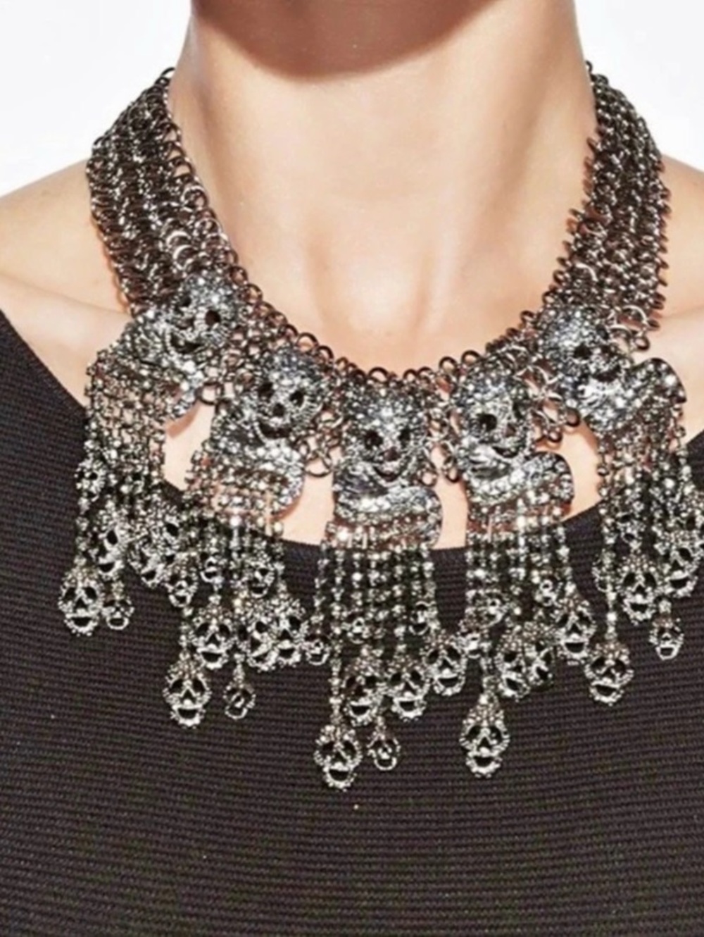 EYECANDY Couture Gothic Skull Rhinestone Bib Statement Necklace Black